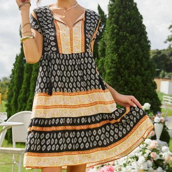 Suzanne Betro Black & Yellow Abstract Print Casual Dress (XL-14) - Picture 3 of 6